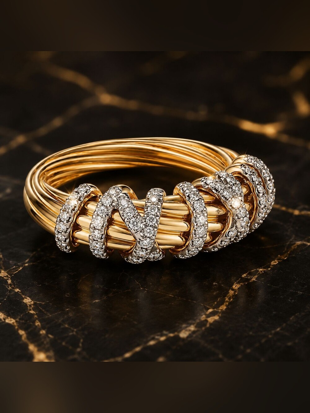 Gold and Silver Twisted Cable Ring with Crystal Bands